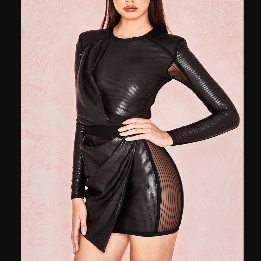 HOUSE OF CB Viktoria black matte sequin draped mini bodycon dress - Picture 2 of 16